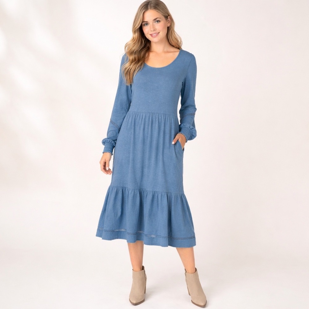 Canyon Retreat Women Midi Dress XL Blue Tiered Crochet Lace Boho Coastal Flowy